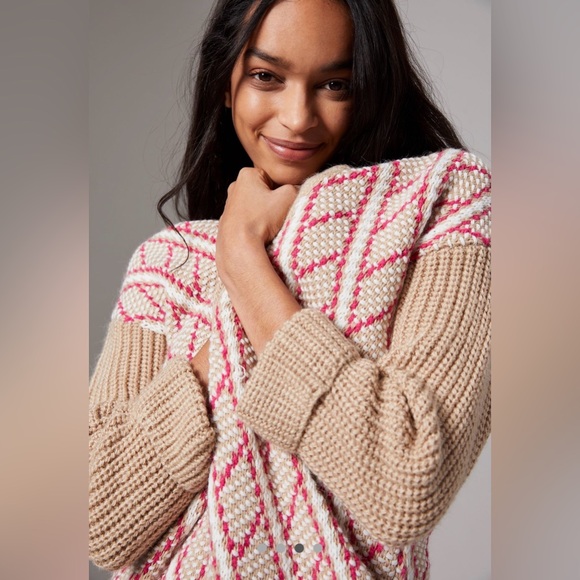 NWT Anthropologie Patrice Geometric Cardigan Sweater Womens Small Tan Cardi Knit - Picture 3 of 9